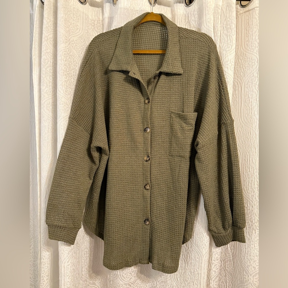 Olive Green Button-Up Waffle Knit Shirt